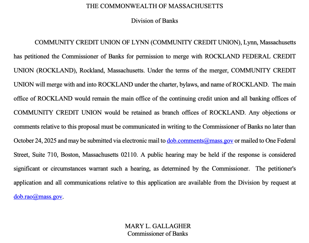 Division of Banks Notice